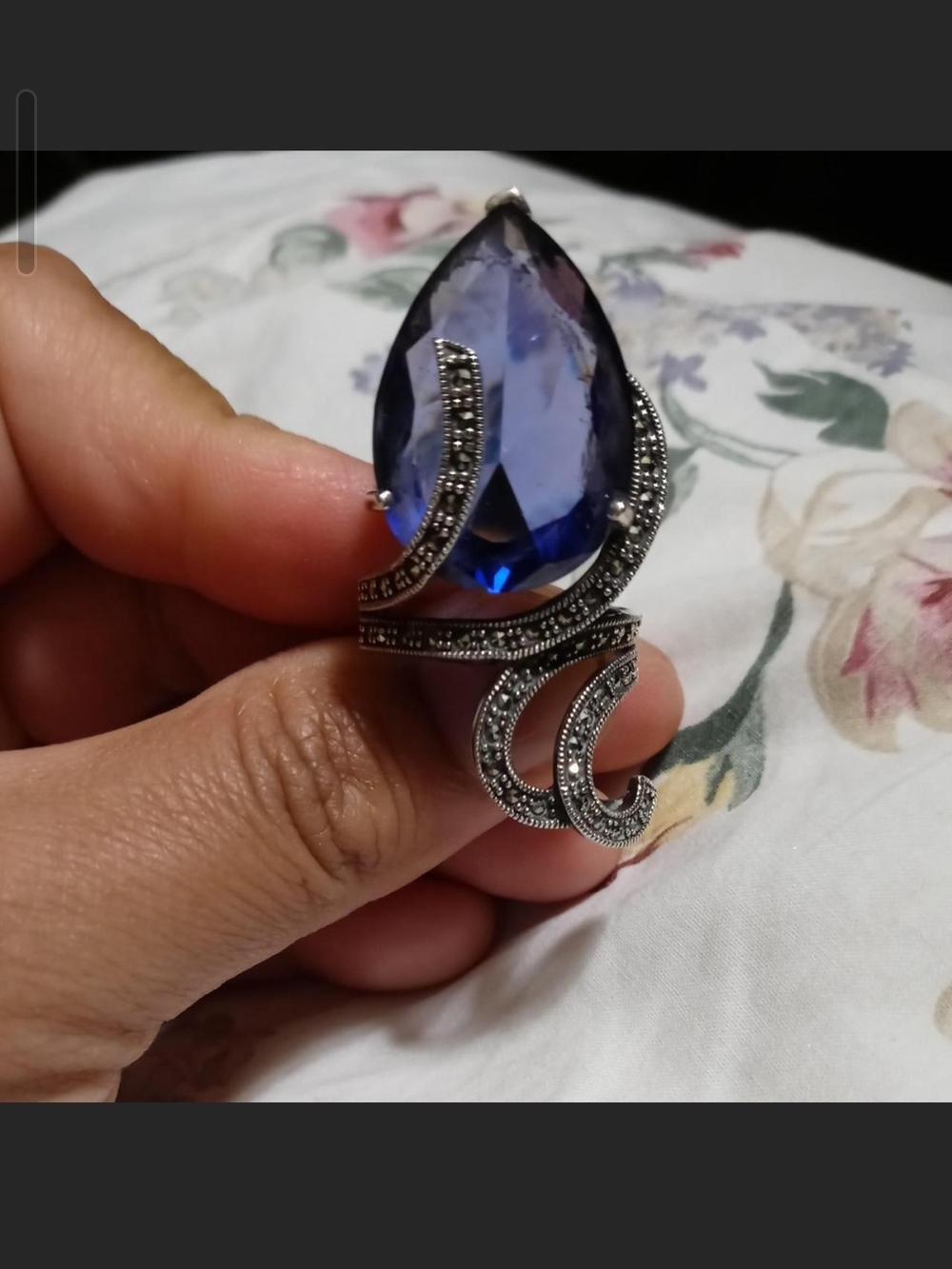 Blue Teardrop Crystal Ring with Marcasite Accents - Unbranded